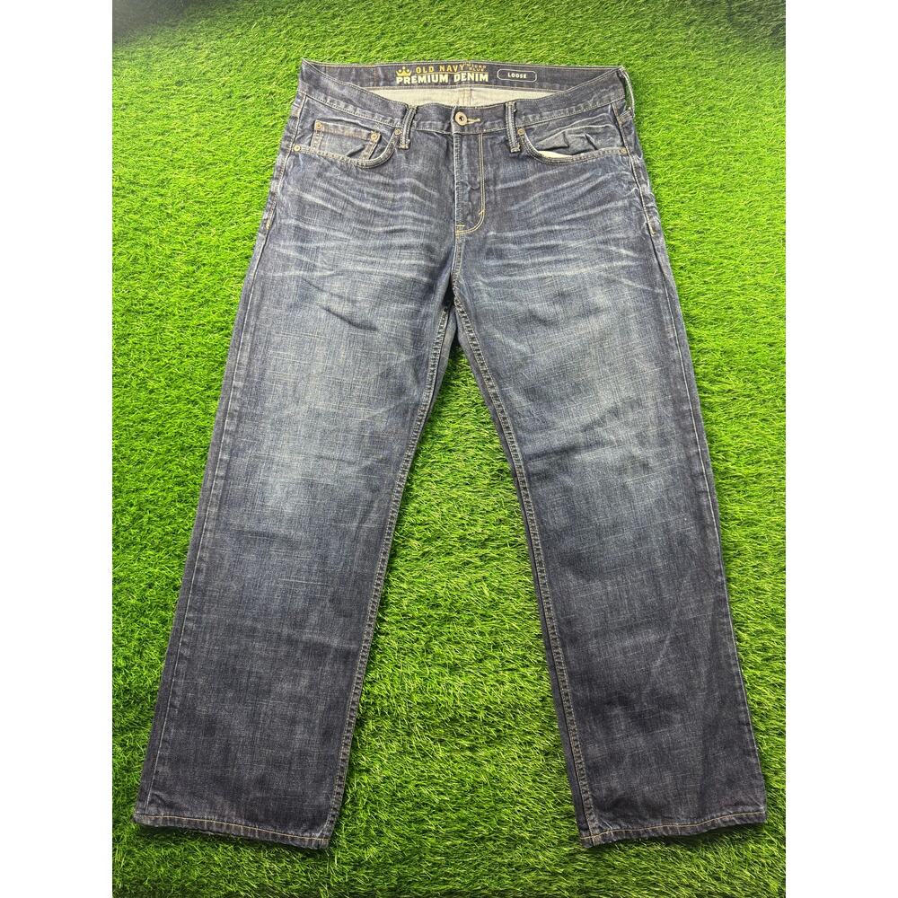 Old Navy Mens Premium Denim Loose Fit Straight Jeans Dark Wash Blue 34x30 Y2K OG